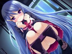 Rule 34 | 1girl, black bow, black bowtie, black pantyhose, blue hair, blush, bow, bowtie, brown footwear, censored, clothes pull, comsome, embarrassed, game cg, hair ornament, hairclip, hallway, indoors, inugahora an, long hair, long sleeves, looking at viewer, panties, panty pull, pantyhose, pantyhose pull, pink shirt, plaid, plaid skirt, purple eyes, purple panties, pussy, red skirt, school uniform, shikura yoshika, shirt, shoes, silver bullet (company), skirt, solo, squatting, tears, underwear, wall, window