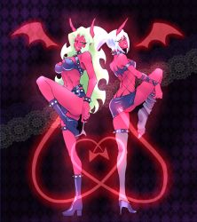 Rule 34 | 10s, 2girls, ;q, ass, bad id, bad pixiv id, boots, butt crack, colored skin, demon girl, demon wings, glasses, green hair, horns, kneesocks (psg), long hair, midriff, multiple girls, one eye closed, panties, panty &amp; stocking with garterbelt, ponytail, red skin, scanty (psg), siblings, sisters, skirt, tail, thighhighs, tongue, tongue out, underwear, white hair, wings, wink, yellow eyes, yui (kari)