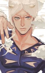 Rule 34 | 1boy, blue eyes, cloud, fake horns, fur hat, hat, highres, horned headwear, horns, jojo no kimyou na bouken, male focus, muted color, solo, stone ocean, supocon, weather report