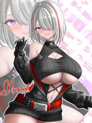 1girl azur_lane bare_shoulders belt black_gloves blush breasts cleavage_cutout clothes_pull clothing_cutout commentary_request duisburg_(azur_lane) gloves hair_over_one_eye hand_up hip_focus hisin jacket jacket_pull large_breasts leaning_to_the_side medium_hair midriff multicolored_hair navel no_bra off-shoulder_sweater off_shoulder open_clothes open_jacket purple_eyes red_hair smile solo streaked_hair sweater thighs two-tone_hair underboob underboob_cutout white_hair