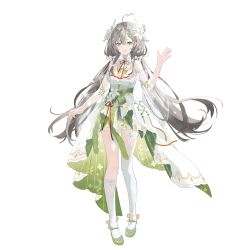 Rule 34 | 1girl, absurdres, ahoge, arm at side, bare shoulders, bow, breasts, cleavage, clothing cutout, detached sleeves, dress, dress flower, flower, footwear bow, full body, green dress, green eyes, green footwear, green hair, grey hair, hair bow, hair flower, hair ornament, hand up, high-low skirt, highres, indie virtual youtuber, kneehighs, large breasts, leg cutout, lily (flower), long hair, low twintails, mary janes, mingqian nailyu, multicolored hair, neck ribbon, official art, red ribbon, ribbon, see-through, see-through sleeves, shoes, single kneehigh, single sock, single thighhigh, sleeveless, sleeveless dress, smile, socks, solo, standing, streaked hair, thighhighs, transparent background, twintails, two-tone dress, very long hair, virtual youtuber, white bow, white dress, white flower, white socks, wide sleeves, yellow bow