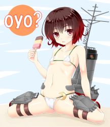 Rule 34 | 10s, 1girl, bad id, bad pixiv id, bikini, blush, breasts, brown eyes, brown hair, covered erect nipples, crescent, food, gradient hair, highres, kantai collection, looking at viewer, micro bikini, multicolored hair, mutsuki (kancolle), navel, noveske n4, open mouth, popsicle, red hair, short hair, sitting, small breasts, solo, swimsuit, underboob, wariza, white bikini