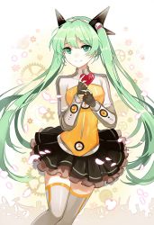 Rule 34 | 1girl, apring, bad id, bad pixiv id, fingerless gloves, gloves, green eyes, green hair, hatsune miku, heart, long hair, looking at viewer, matching hair/eyes, nail polish, necktie, odds &amp; ends (vocaloid), smile, solo, thighhighs, twintails, very long hair, vocaloid