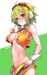 Rule 34 | 00s, 1girl, absurdres, ahoge, armpits, bare shoulders, belt, blush, breasts, character name, choker, cleavage, crop top, goggles, goggles on head, green eyes, green hair, grey eyes, groin, gumi, hand on own hip, headphones, headset, highres, hip bones, konnyaku (kk-monmon), large breasts, matching hair/eyes, medium breasts, midriff, navel, no bra, open clothes, pointing, pointing at self, red-tinted eyewear, short hair with long locks, simple background, skirt, smile, solo, standing, tinted eyewear, twitter username, vocaloid, wrist cuffs