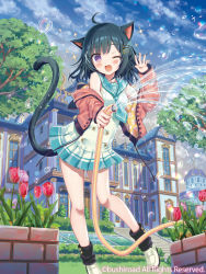 Rule 34 | 1girl, ;d, animal ears, bare shoulders, black hair, black socks, blue neckwear, blue sailor collar, blue sky, blush, brown jacket, building, cardfight!! vanguard, cat ears, cat girl, cat tail, character request, cloud, cloudy sky, copyright notice, day, fang, flower, hair ornament, hairclip, holding, holding hose, hose, jacket, loafers, long sleeves, loose socks, off shoulder, official art, one eye closed, open clothes, open jacket, open mouth, outdoors, pleated skirt, purple eyes, rainbow, red flower, sailor collar, shirt, shoes, skirt, sky, sleeveless, sleeveless shirt, sleeves past wrists, smile, socks, solo, stairs, standing, standing on one leg, stone stairs, tail, tree, tulip, water, watermark, white footwear, white shirt, white skirt, window, yuuki rika