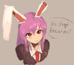 Rule 34 | 1girl, animal ears, black jacket, blazer, blouse, commentary, crescent, english commentary, jacket, long hair, meme, necktie, no bitches? (meme), pleading eyes, portrait, purple hair, rabbit ears, rabbit girl, red eyes, red necktie, reisen udongein inaba, shirt, simple background, solo, sparkle71059204, speech bubble, touhou, white shirt, wing collar