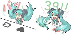 Rule 34 | 1girl, 39, :3, aqua eyes, aqua hair, aqua necktie, arms up, arrow (symbol), bare shoulders, black sleeves, closed eyes, commentary, detached sleeves, grey shirt, hair ornament, hatsune miku, heart, highres, long hair, necktie, prehensile hair, shirt, sleeveless, sleeveless shirt, sleeves past fingers, sleeves past wrists, smile, t07kg024, twintails, twitter, upper body, v-shaped eyebrows, very long hair, vocaloid, white background