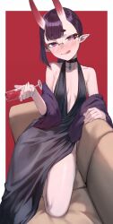 Rule 34 | 1girl, absurdres, black dress, blush, breasts, chorogon, collarbone, commentary, commission, couch, cup, dress, english commentary, fate/grand order, fate (series), glasses, highres, holding, holding cup, horns, looking at viewer, oni, pointy ears, purple eyes, purple hair, revealing clothes, round eyewear, second-party source, short hair, shuten douji (fate), skeb commission, skin-covered horns, small breasts, smile, solo, tongue, tongue out