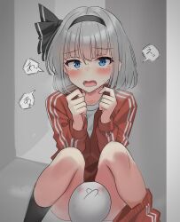 Rule 34 | 1girl, absurdres, alternate costume, between legs, black bow, black hairband, black socks, blue eyes, blush, bow, bow hairband, commentary request, furrowed brow, grey hair, hairband, have to pee, heavy breathing, highres, indoors, jacket, kneehighs, knees up, konpaku youmu, konpaku youmu (ghost), looking at viewer, medium hair, on floor, open door, pants, pants around one leg, partially unzipped, red jacket, red pants, saliva, shirt, sidelocks, simple background, single sock, sitting, socks, solo, speech bubble, steaming body, sweat, tearing up, touhou, track jacket, track pants, translation request, white shirt, x arms, youmu-kun