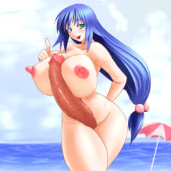 Rule 34 | 1futa, artist request, beach, beach umbrella, blue hair, blue sky, blush, breasts, cloud, covered erect nipples, cowboy shot, curvy, futanari, green eyes, hair ornament, huge breasts, huge penis, long hair, looking at viewer, nipples, ocean, open mouth, outdoors, penis, precum, sky, smile, solo, standing, sticky fingers, thick thighs, thighs, umbrella, uncensored, water, wide hips
