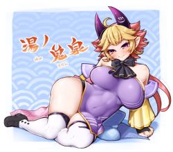 Rule 34 | 1girl, :&gt;, absurdres, ahoge, arm support, bare shoulders, blonde hair, blue background, blush, border, breasts, character request, closed mouth, commentary request, copyright request, covered navel, detached sleeves, dress, fang, head tilt, highres, horns, ichika (ichika manga), large breasts, long sleeves, looking at viewer, outside border, pointy ears, purple dress, shoes, sitting, solo, strapless, strapless dress, thick thighs, thighhighs, thighs, translation request, tsurime, virtual youtuber, white border, wide sleeves