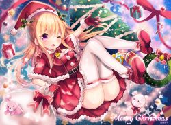 Rule 34 | 1girl, ;d, ass, bell, blonde hair, blush, boots, box, breasts, candy, candy cane, capelet, christmas, christmas ornaments, christmas tree, christmas wreath, commentary request, dress, food, fur-trimmed capelet, fur-trimmed dress, fur-trimmed gloves, fur trim, gift, gift box, gloves, hair between eyes, hat, highres, kohaku muro, legs up, long hair, medium breasts, merry christmas, one eye closed, open mouth, original, pleated dress, purple eyes, red capelet, red dress, red footwear, red gloves, red hat, santa costume, santa hat, shoe soles, smile, solo, star (symbol), stuffed animal, stuffed rabbit, stuffed toy, teddy bear, thighhighs, very long hair, white thighhighs, wreath