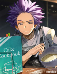 Rule 34 | 1boy, apron, artist name, baking, black apron, blue hair, boku no hero academia, bowl, closed mouth, commentary request, cream, cream on face, food, food on face, grey shirt, highres, holding, indoors, looking at viewer, male focus, powder, purple eyes, purple hair, reading, shinsou hitoshi, shirt, solo, spiked hair, tonbanlove, twitter username, upper body