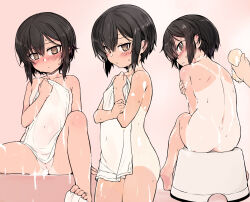 Rule 34 | 1boy, 1girl, ass, back, bath stool, bathing, black hair, blush, breasts, brown eyes, cleft of venus, completely nude, embarrassed, highres, holding, holding towel, looking at viewer, multiple views, naked towel, nude, null (nyanpyoun), one-piece tan, original, pussy, short hair, sitting, small breasts, solo focus, stool, tan, tanline, towel
