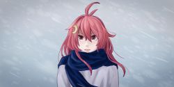Rule 34 | 1girl, ahoge, alternate costume, blue scarf, coat, crescent, crescent hair ornament, hair ornament, highres, kantai collection, looking at viewer, pink hair, red eyes, scarf, snowstorm, solo, tsukigime, upper body, uzuki (kancolle), white coat