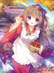 Rule 34 | 1girl, apron, autumn leaves, blue sky, blush, bow, brown hair, chestnut, day, floating hair, floral print, hair bow, highres, holding, japanese clothes, kimono, long hair, looking at viewer, maid, open mouth, original, outdoors, page number, purple bow, purple eyes, red kimono, sky, solo, striped, striped bow, very long hair, wa maid, white apron, yukie (peach candy)