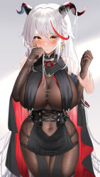 Rule 34 | 1girl, absurdres, aegir (azur lane), azur lane, bare shoulders, black gloves, blush, bodysuit, breasts, closed mouth, covered navel, cowboy shot, earrings, elbow gloves, futon fly away, gloves, grey background, hands up, highres, holding another&#039;s wrist, horns, jewelry, large breasts, long hair, looking at viewer, multicolored hair, red hair, silver hair, solo focus, streaked hair, thighs, yellow eyes