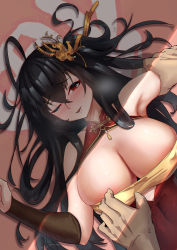 Rule 34 | 1boy, 1girl, absurdres, ahoge, arm grab, azur lane, bare shoulders, black hair, blush, breasts, bridal gauntlets, china dress, chinese clothes, cleavage, cleavage cutout, clothing cutout, collarbone, commentary request, covered erect nipples, crossed bangs, dress, from above, hair between eyes, hair ornament, heart, heart-shaped pupils, heavy breathing, highres, konekoayaka, large breasts, long hair, looking at viewer, lying, nose blush, official alternate costume, on back, one eye closed, one side up, open mouth, pov, red dress, red eyes, shadow, sleeveless, sleeveless dress, solo focus, symbol-shaped pupils, taihou (azur lane), taihou (phoenix&#039;s spring song) (azur lane), very long hair