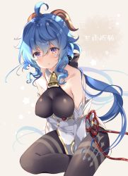 Rule 34 | 1girl, :o, ahoge, bare shoulders, bell, between legs, black bodysuit, black bow, blue hair, bodysuit, bow, commentary request, cowbell, curled horns, detached sleeves, feet out of frame, ganyu (genshin impact), genshin impact, hair between eyes, hair bow, hand between legs, highres, horns, impossible clothes, kurun (kurun777), long hair, long sleeves, looking at viewer, parted lips, purple eyes, solo, very long hair, white sleeves