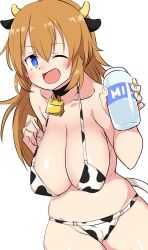 Rule 34 | 1girl, animal ears, animal print, bell, bikini, blue eyes, blush, bottle, breasts, buta-don, cameltoe, charlotte e. yeager, cleavage, cow ears, cow horns, cow print, cow tail, cowbell, fake animal ears, fake horns, fake tail, highres, horns, large breasts, long hair, looking at viewer, milk bottle, navel, neck bell, one eye closed, open mouth, orange hair, print bikini, simple background, smile, solo, strike witches, swimsuit, tail, white background, world witches series