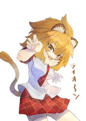 Rule 34 | 10s, 1girl, animal ears, blonde hair, checkered clothes, checkered skirt, fang, fur collar, hair between eyes, highres, kemono friends, lion (kemono friends), lion ears, lion tail, looking at viewer, nakano elsa, necktie, open mouth, plaid, plaid skirt, red necktie, short sleeves, skirt, solo, tail, thighhighs, white background, white thighhighs, yellow eyes