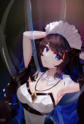 Rule 34 | 1girl, absurdres, arknights, arms up, bare shoulders, black hair, blue eyes, breasts, cleavage, commentary request, detached collar, detached sleeves, dress, fengyin, highres, jewelry, kjera (arknights), kjera (ingenious servant) (arknights), large breasts, looking at viewer, maid, maid headdress, official alternate costume, pendant, short hair, smile, solo, strapless, strapless dress, upper body, white dress