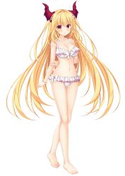 Rule 34 | 1girl, absurdres, arms behind back, barefoot, bikini, blonde hair, blush, bow, bracelet, breasts, cleavage, closed mouth, collarbone, dragon horns, drapri guu-ta-life 2, floating hair, flower, frilled bikini, frills, full body, game cg, hair between eyes, hair flower, hair ornament, haru (drapri guu-ta-life), highres, horns, jewelry, large breasts, long hair, looking at viewer, navel, red eyes, red horns, smile, solo, standing, swimsuit, tachi-e, takano yuki (allegro mistic), transparent background, very long hair, white bikini, white bow, yellow flower