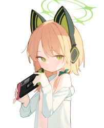 Rule 34 | 1girl, animal ear headphones, animal ears, blonde hair, blue archive, blush, bow, breasts, cat ear headphones, closed mouth, doribae, fake animal ears, green bow, green eyes, hair bow, halo, handheld game console, headphones, highres, holding, holding handheld game console, long sleeves, looking at viewer, midori (blue archive), off shoulder, open clothes, open shirt, shirt, short hair, simple background, small breasts, solo, upper body, white background, white shirt