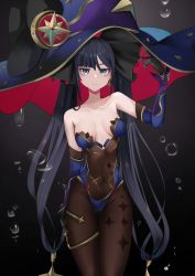 Rule 34 | 1girl, absurdres, aqua eyes, bare shoulders, black gloves, black hair, black pantyhose, bodystocking, breasts, detached sleeves, earrings, elbow gloves, genshin impact, gloves, hat, highres, jewelry, long hair, looking at viewer, mona (genshin impact), navel, pantyhose, san (harutuki 3), solo, twintails, very long hair, witch hat