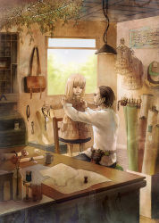 Rule 34 | 1boy, 1girl, age difference, bad id, bad pixiv id, blouse, child, day, dress, dressing, fabric, father and daughter, hair slicked back, indoors, kneehighs, legs apart, original, picture frame, plant, pocket, shirt, socks, standing, tape measure, white shirt, window, yoshimura hitomi