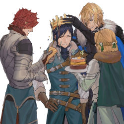 Rule 34 | 1girl, 3boys, :d, armor, belt, blonde hair, blue eyes, blue jacket, braid, brown belt, brown gloves, cape, commentary request, confetti, crown, dimitri alexandre blaiddyd, egg (food), eyepatch, felix hugo fraldarius, fire emblem, fire emblem: three houses, food, french braid, from behind, fur-trimmed cape, fur trim, gloves, green cape, green ribbon, grin, hair ribbon, hand on own hip, happy birthday, highres, holding, holding plate, ingrid brandl galatea, jacket, multiple boys, nintendo, open mouth, owl taro, party popper, pauldrons, plate, red hair, ribbon, short hair, shoulder armor, simple background, smile, sunny side up egg, sylvain jose gautier, white background