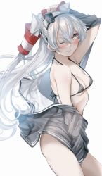 Rule 34 | 1girl, amatsukaze (kancolle), bikini, breasts, brown dress, brown eyes, cleavage, commentary request, dress, grey bikini, grey jacket, hair tubes, hat, jacket, kantai collection, long hair, medium breasts, mini hat, one eye closed, open clothes, open dress, sailor collar, short dress, simple background, smokestack hair ornament, solo, swimsuit, tororo ten, two side up, white background, white hair, white sailor collar