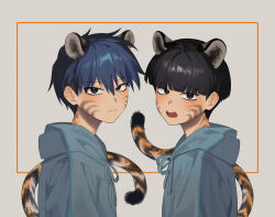 Rule 34 | 1didi11di, 2boys, absurdres, animal ears, black eyes, black hair, blue hoodie, blunt bangs, border, bowl cut, brothers, brown eyes, closed mouth, extra ears, facial mark, fang, from side, frown, grey background, grey hoodie, hair between eyes, highres, hood, hood down, hoodie, kageyama ritsu, kageyama shigeo, long sleeves, looking at viewer, looking to the side, male focus, mob psycho 100, multiple boys, open mouth, outside border, short hair, siblings, tail, tiger boy, tiger ears, tiger stripes, tiger tail, upper body