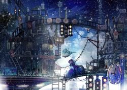 Rule 34 | 1girl, absurdres, bridge, cityscape, clock, fantasy, highres, original, outdoors, road sign, scenery, sign, snowing, stairs, traffic light, train, yanagifor