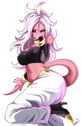 Rule 34 | 1girl, absurdres, android 21, anklet, artist name, ass, breasts, choker, colored skin, covering face, detached sleeves, dragon ball, dragon ball fighterz, fingernails, harem pants, high heels, highres, jewelry, large breasts, long fingernails, long hair, majin android 21, nail polish, navel, pants, pink skin, red eyes, solo, stomach, tail, transparent background, white hair