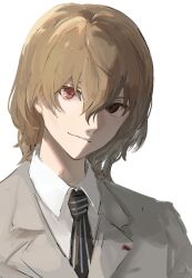 Rule 34 | 1boy, akechi gorou, brown hair, closed mouth, coat, collared shirt, grey coat, hair between eyes, highres, kra 0056, looking at viewer, male focus, necktie, persona, persona 5, red eyes, shirt, simple background, solo, striped necktie, upper body, vertical-striped clothes, vertical-striped necktie, white background, white shirt
