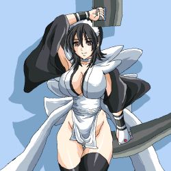 Rule 34 | 1girl, black hair, breasts, brown eyes, butterfly swords, cleavage, dual wielding, holding, iroha (samurai spirits), large breasts, maid headdress, samurai spirits, snk, solo, thighhighs, weapon
