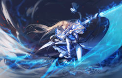 Rule 34 | 1boy, alternate hairstyle, arm support, belt, belt buckle, blonde hair, blue eyes, buckle, capelet, closed mouth, dust, electricity, fingerless gloves, floating hair, gloves, guilty gear, hair down, kneeling, ky kiske, light particles, long hair, long sleeves, male focus, motion blur, outstretched arm, pants, profile, solo, sword, tabard, very long hair, weapon, white pants, xhouz