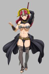 Rule 34 | 1girl, bra, breasts, claudette (queen&#039;s blade), claudette (queen's blade), claudette lord of thundercloud, grey background, holding, holding sword, holding weapon, large breasts, long hair, queen&#039;s blade, red hair, simple background, solo, sword, thighhighs, underboob, underwear, weapon