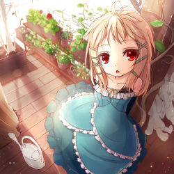 Rule 34 | 10s, 1girl, arms behind back, bare shoulders, black bullet, blonde hair, blue dress, rabbit, chestnut mouth, doll, dress, flower, from above, highres, if (asita), lens flare, light particles, long skirt, open mouth, plant, potted plant, red eyes, skirt, solo, tatapopo, tina sprout, watering can
