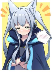 Rule 34 | 1girl, alternate hairstyle, animal ear fluff, animal ears, arknights, black cloak, black gloves, blush, cloak, closed mouth, commentary request, fingerless gloves, gloves, grey hair, highres, holding, hood, hood down, hooded cloak, long hair, looking at viewer, minowa sukyaru, nose blush, notice lines, rosmontis (arknights), solo, spoken blush, twintails, twintails day, two-tone background, upper body, very long hair, white background, yellow background, yellow eyes