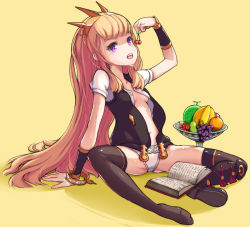 Rule 34 | 10s, 1girl, arm support, bad id, bad pixiv id, black thighhighs, bracelet, breasts, cagliostro (granblue fantasy), cherry, cleavage, crown, eating, food, fruit, fruit bowl, granblue fantasy, jewelry, light brown hair, long hair, looking at viewer, open clothes, open mouth, open shirt, panties, shirt, shoes, single shoe, sitting, skirt, unworn skirt, small breasts, solo, tacta, thighhighs, underwear, very long hair, wet