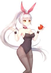 Rule 34 | 1girl, animal ears, apple, artist name, bad id, bad pixiv id, bare shoulders, breasts, choker, cleavage, covered navel, fake animal ears, food, fruit, hairband, highres, long hair, medium breasts, original, pantyhose, playboy bunny, ponytail, rabbit ears, silver hair, solo, sugarv, thighband pantyhose, transparent background, very long hair, white background, wristband, yellow eyes