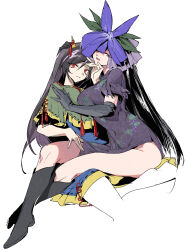 Rule 34 | 2girls, absurdres, black footwear, black gloves, black hair, blue skirt, boots, breasts, china dress, chinese clothes, commentary request, dress, elbow gloves, flower, flower on head, full body, gloves, grape print, green shirt, hair between eyes, highres, horns, large breasts, ling s, long bangs, long hair, looking at viewer, medium breasts, multiple girls, nippaku zanmu, open mouth, purple dress, purple eyes, purple flower, red eyes, shirt, simple background, sitting, sitting on lap, sitting on person, skirt, slit pupils, small horns, smile, touhou, vine print, white background, yellow horns, yomotsu hisami, yuri