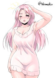 Rule 34 | 1girl, alternate costume, arm up, armpits, blush, breasts, cleavage, commentary request, cowboy shot, highres, kantai collection, large breasts, long hair, looking at viewer, luigi di savoia duca degli abruzzi (kancolle), medium breasts, messy hair, multicolored hair, nightgown, one-hour drawing challenge, one eye closed, open mouth, pink eyes, pink hair, red hair, simple background, solo, streaked hair, takomeshi, white background