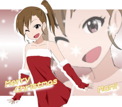 Rule 34 | 1girl, bare shoulders, brown eyes, brown hair, character name, christmas, collarbone, dress, elbow gloves, fingerless gloves, futami mami, gloves, idolmaster, idolmaster (classic), ikari manatsu, one eye closed, open mouth, red gloves, santa costume, side ponytail, smile, solo, wink, zoom layer