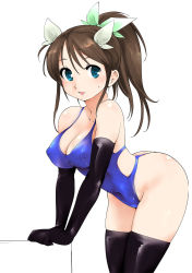 Rule 34 | 1girl, arm support, ass, bad id, bad pixiv id, bare shoulders, black gloves, black thighhighs, blue eyes, blush, breasts, brown hair, cleavage, covered erect nipples, covered navel, elbow gloves, fujiwara shun&#039;ichi, gloves, hair ribbon, highleg, highleg swimsuit, highres, leaning forward, leotard, long hair, looking at viewer, medium breasts, one-piece swimsuit, one-piece thong, open mouth, ponytail, ribbon, simple background, solo, sweatdrop, swimsuit, thick thighs, thighhighs, thighs, thong, thong leotard