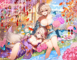 Rule 34 | 2girls, :d, animal ear fluff, animal ears, apple caramel, blue kimono, blue sky, breasts, bug, butterfly, cleavage, commission, dango, doll, falling leaves, floral print, flower, flower in mouth, flower knot, food, fox ears, fox tail, grass, hair flower, hair ornament, hand on another&#039;s head, highres, insect, japanese clothes, jewelry, kimono, lap pillow, large breasts, leaf, looking at viewer, lying, mouth hold, multiple girls, necklace, obi, off shoulder, on side, open mouth, original, partially submerged, plate, purple eyes, purple kimono, red eyes, sanshoku dango, sash, side slit, sitting, sky, smile, tail, tassel, wagashi, water