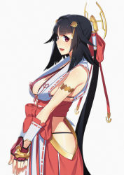 Rule 34 | 1girl, ar nosurge, black hair, blurry, blush, breasts, cleavage, depth of field, fingerless gloves, gloves, hair ornament, japanese clothes, long hair, obi, open mouth, ponytail, rachette (surge concerto), red eyes, red gloves, sash, simple background, sleeveless, smile, solo, surge concerto, tatsuwo, very long hair