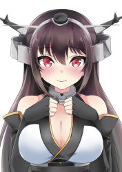 Rule 34 | 10s, 1girl, bad id, bad pixiv id, bare shoulders, black gloves, black hair, blush, breasts, choker, cleavage, elbow gloves, eyelashes, female focus, gloves, hair between eyes, hairband, hand on own chest, headgear, kaetzchen, kantai collection, large breasts, looking at viewer, nagato (kancolle), red eyes, sash, simple background, solo, upper body, wavy mouth, white background